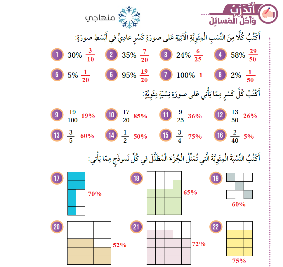 النسبة المئوية والكسور العادية